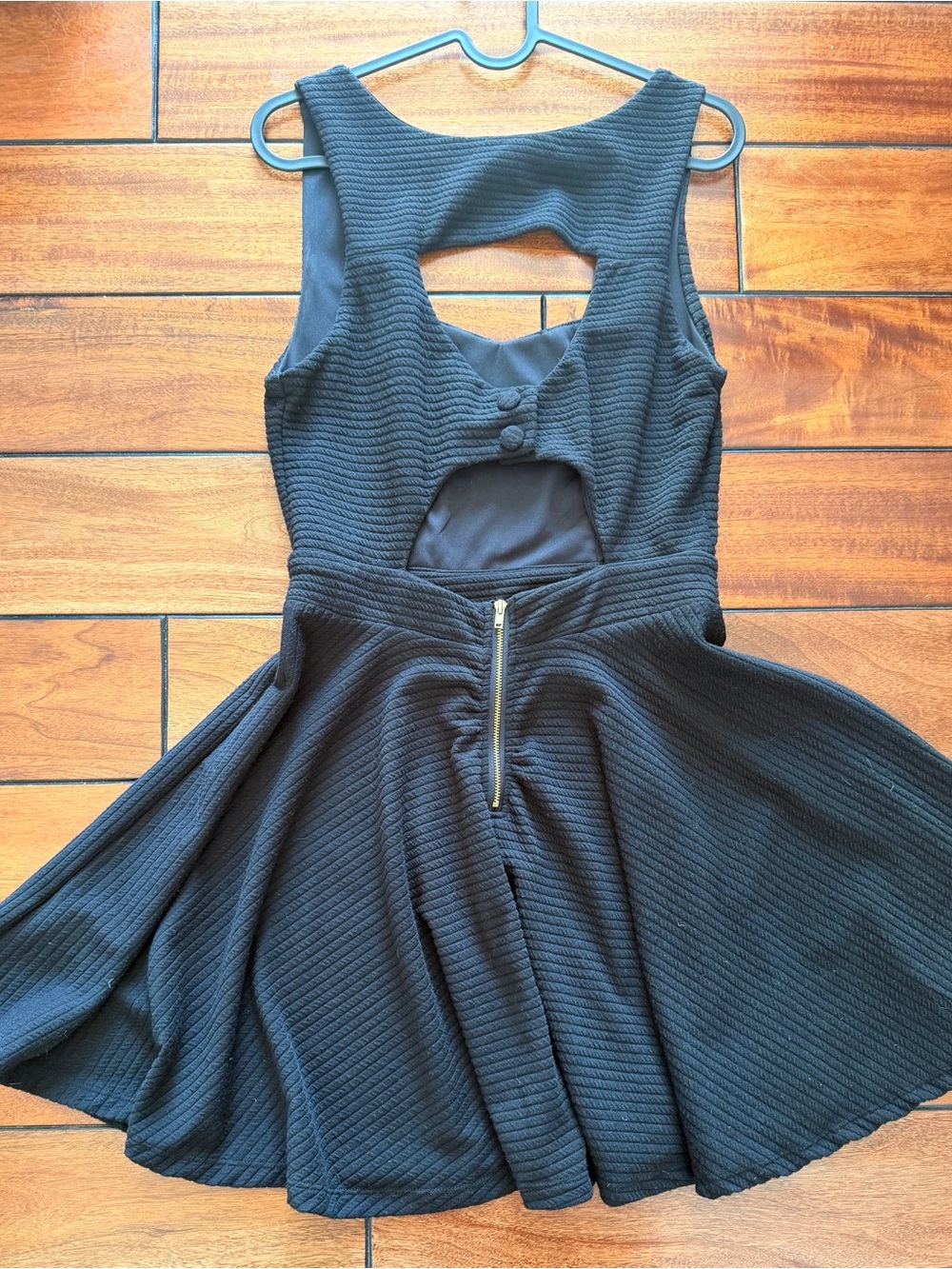 bebe Black Textured Fit-and-Flare Mini Dress with Cutout Back